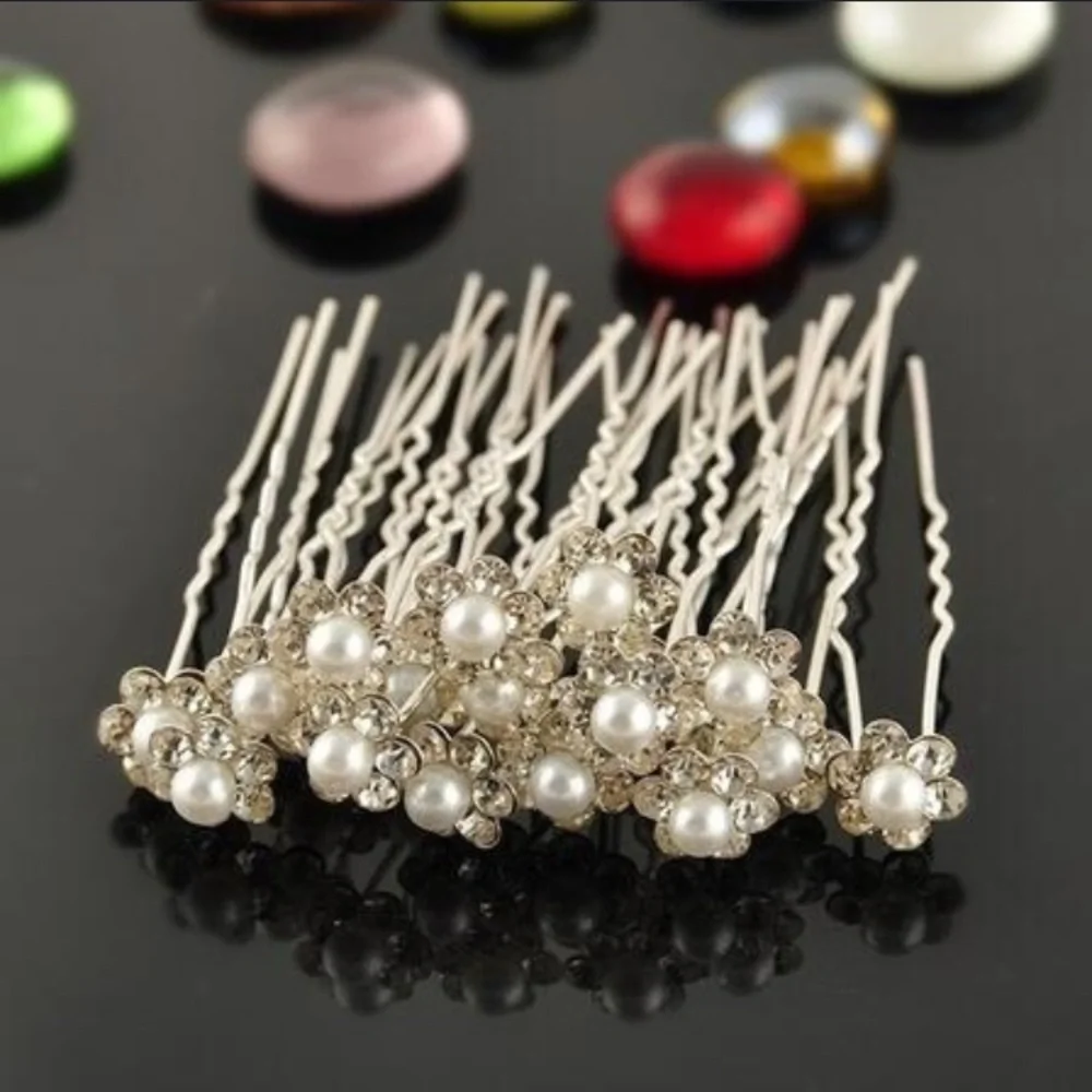 New! Set of Pearl Crystal Flower Bridal Hair Pins - Picture 4 of 7